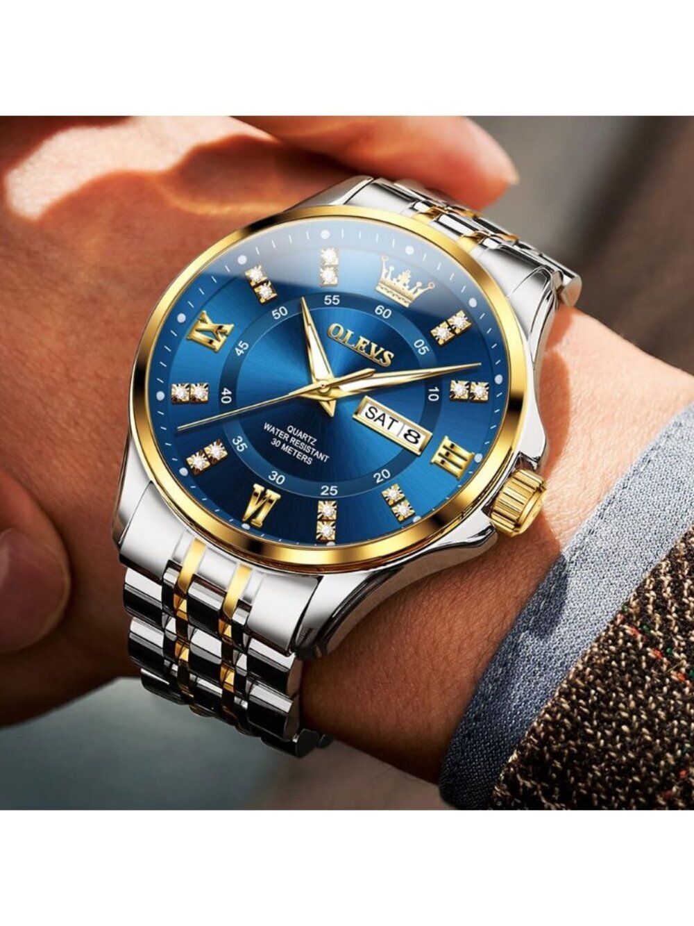 Men's Silver Blue Face Diamond Stainless Waterproof Luminous Analog Luxury Watch - Picture 2 of 6